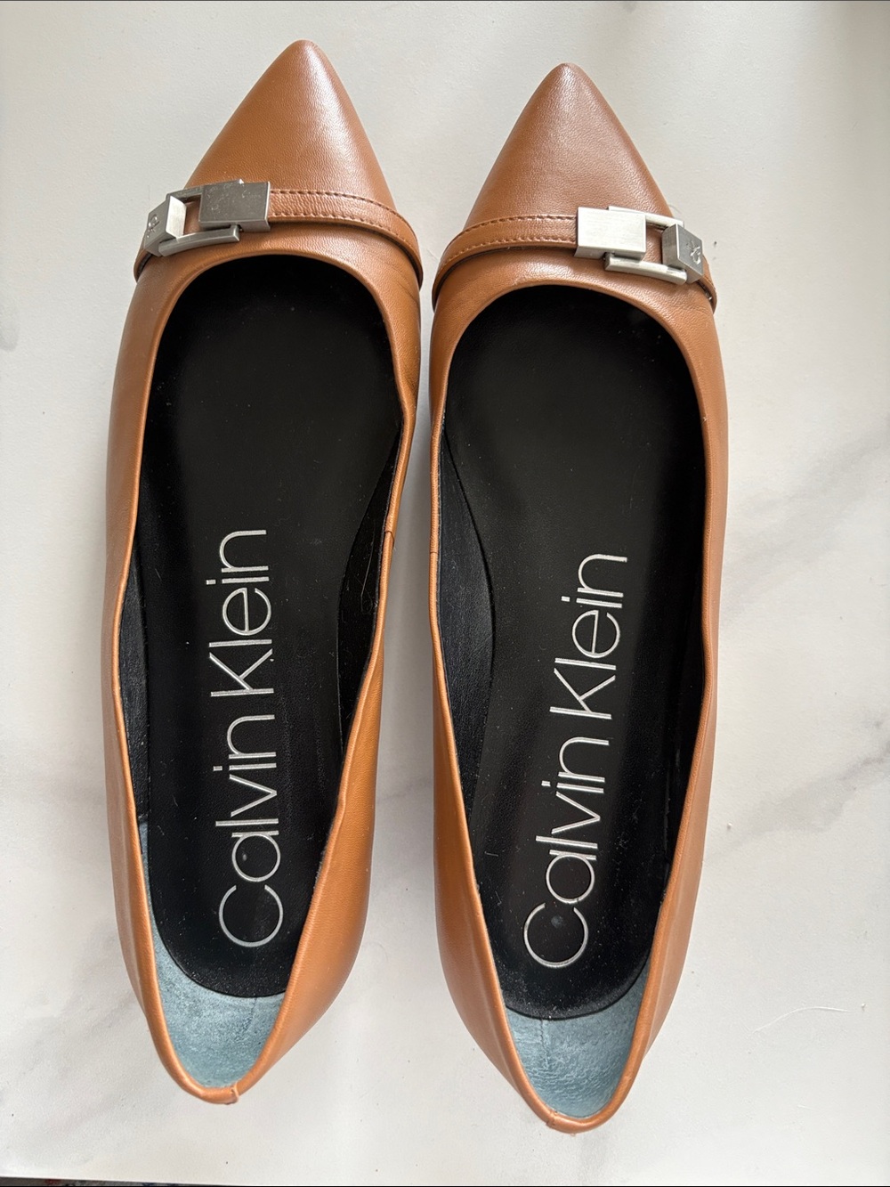 Calvin Klein Women's Cognac Pointed Toe Flats with Silver Buckle - Picture 2 of 4